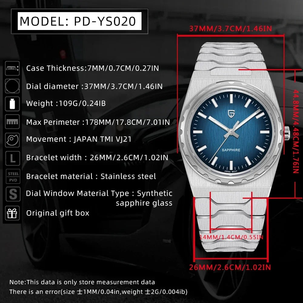 Pagani Design Blue Dial Sapphire Crystal 37MM, Seiko VJ21 Quartz Movement