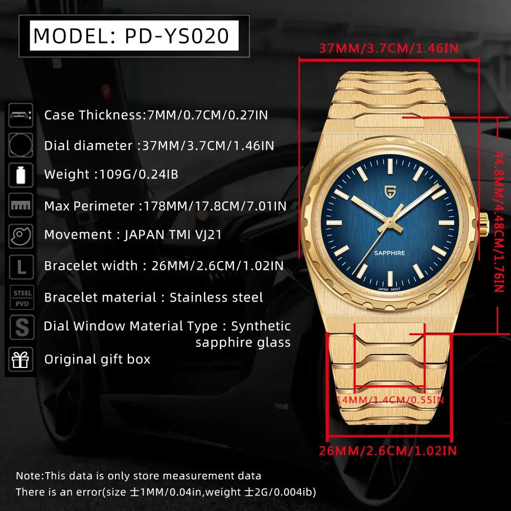 Pagani Design PDYS020 Blue Dial Sapphire Crystal 37MM, Seiko VJ21 Quartz Movement