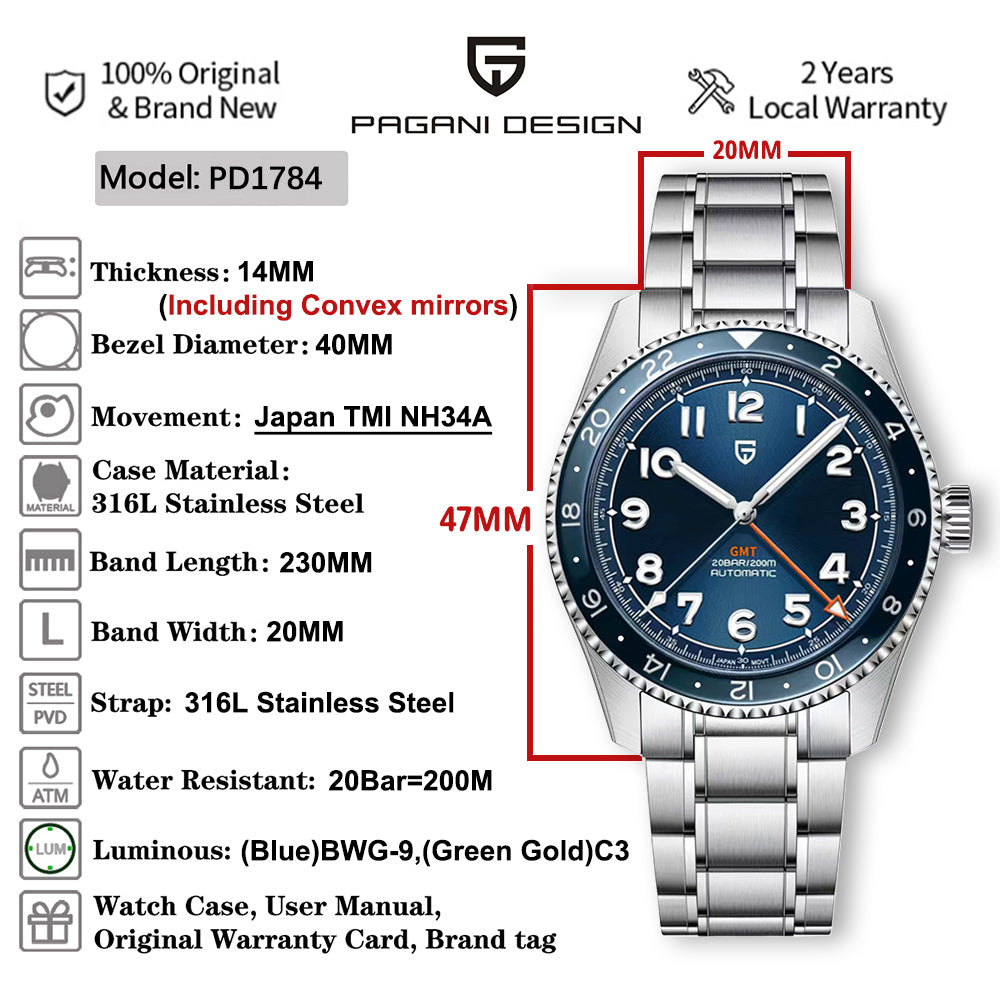 Pagani Design Men's Watch Automatic GMT Wristwatch